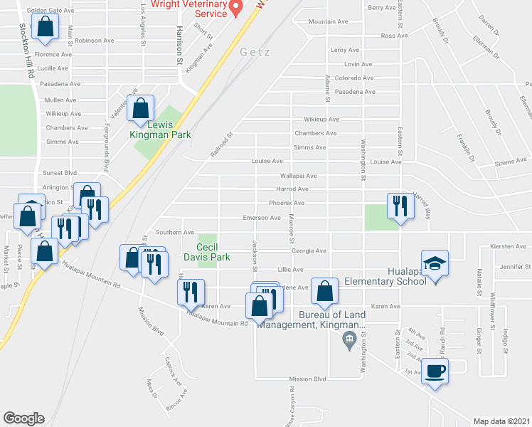map of restaurants, bars, coffee shops, grocery stores, and more near 2513 Emerson Avenue in Kingman