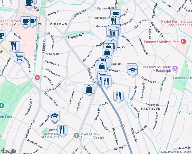 map of restaurants, bars, coffee shops, grocery stores, and more near 1323 Queens Road in Charlotte