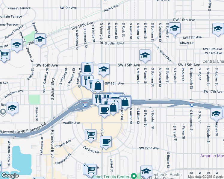 map of restaurants, bars, coffee shops, grocery stores, and more near 1601 South Bryan Street in Amarillo