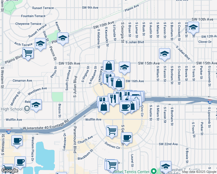 map of restaurants, bars, coffee shops, grocery stores, and more near 1615 South Kentucky Street in Amarillo