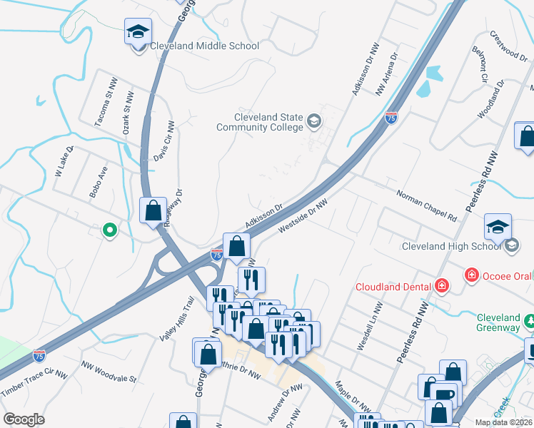 map of restaurants, bars, coffee shops, grocery stores, and more near 3003 Adkisson Drive in Cleveland