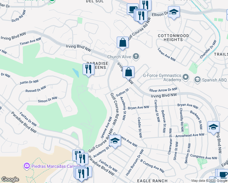 map of restaurants, bars, coffee shops, grocery stores, and more near 4627 Greene Avenue Northwest in Albuquerque