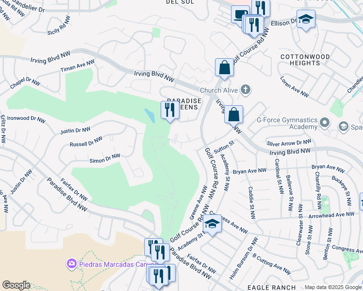 map of restaurants, bars, coffee shops, grocery stores, and more near 4717 Country Club Lane Northwest in Albuquerque