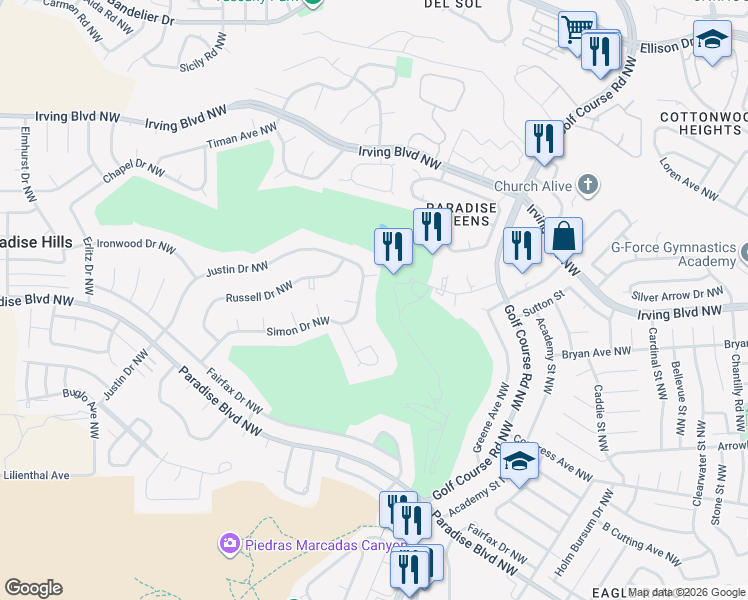 map of restaurants, bars, coffee shops, grocery stores, and more near 10035 Country Club Lane Northwest in Albuquerque