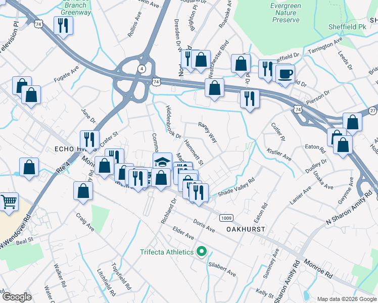 map of restaurants, bars, coffee shops, grocery stores, and more near in Charlotte
