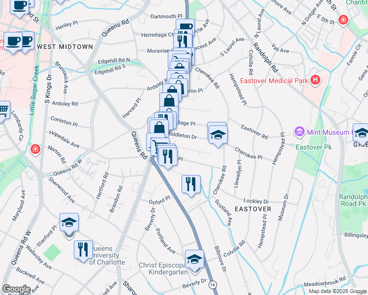 map of restaurants, bars, coffee shops, grocery stores, and more near 142 Middleton Drive in Charlotte