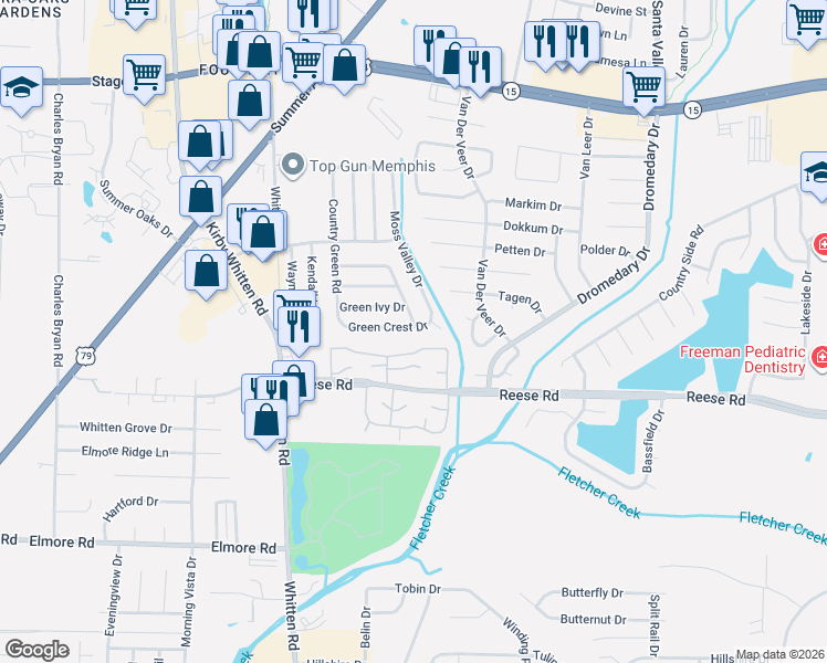 map of restaurants, bars, coffee shops, grocery stores, and more near 6935 Green Ivy Drive in Memphis