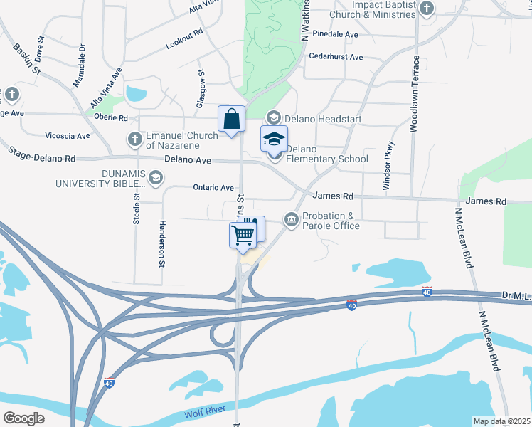 map of restaurants, bars, coffee shops, grocery stores, and more near 1740 Ontario Avenue in Memphis