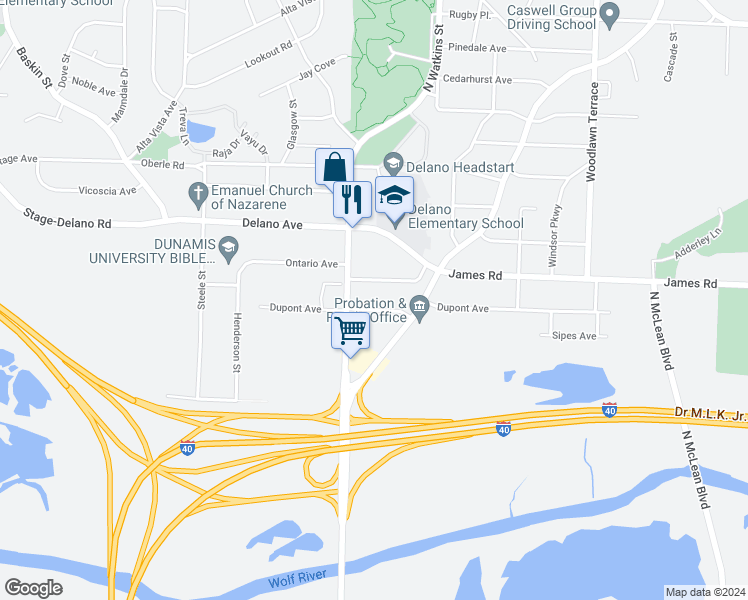map of restaurants, bars, coffee shops, grocery stores, and more near 1740 Ontario Avenue in Memphis