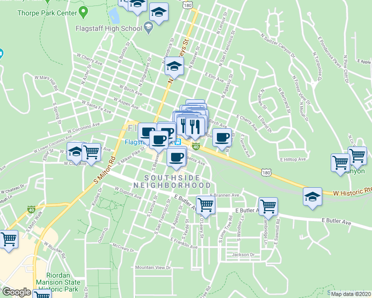 map of restaurants, bars, coffee shops, grocery stores, and more near 35 S San Francisco St in Flagstaff