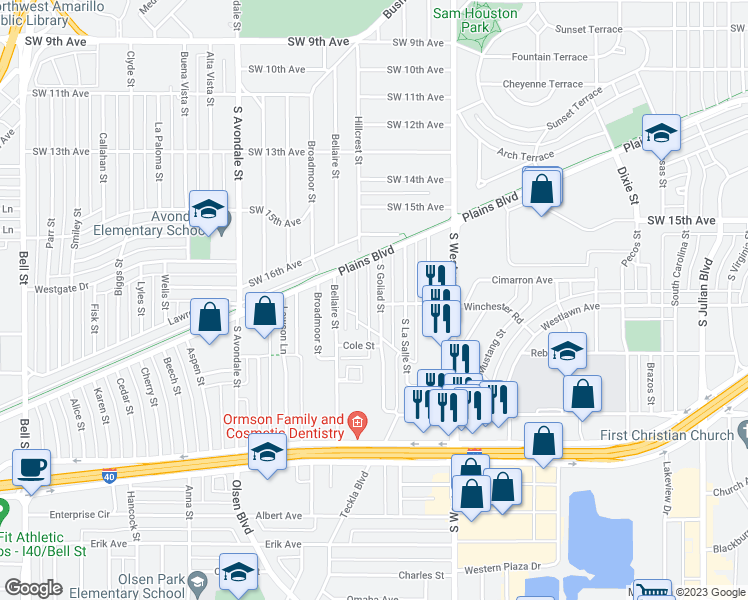 map of restaurants, bars, coffee shops, grocery stores, and more near 1620 South Goliad Street in Amarillo