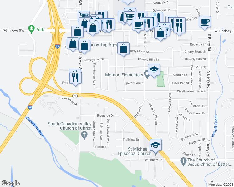 map of restaurants, bars, coffee shops, grocery stores, and more near 2026 Westbrooke Terrace in Norman
