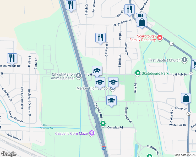 map of restaurants, bars, coffee shops, grocery stores, and more near 100 L H Polk Dr in Marion