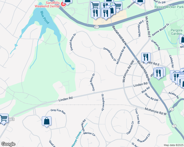 map of restaurants, bars, coffee shops, grocery stores, and more near 2 Parson Road in Pinehurst