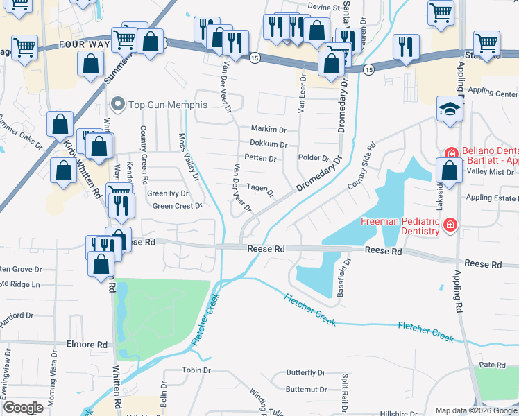 map of restaurants, bars, coffee shops, grocery stores, and more near 2633 Tagen Cove in Memphis