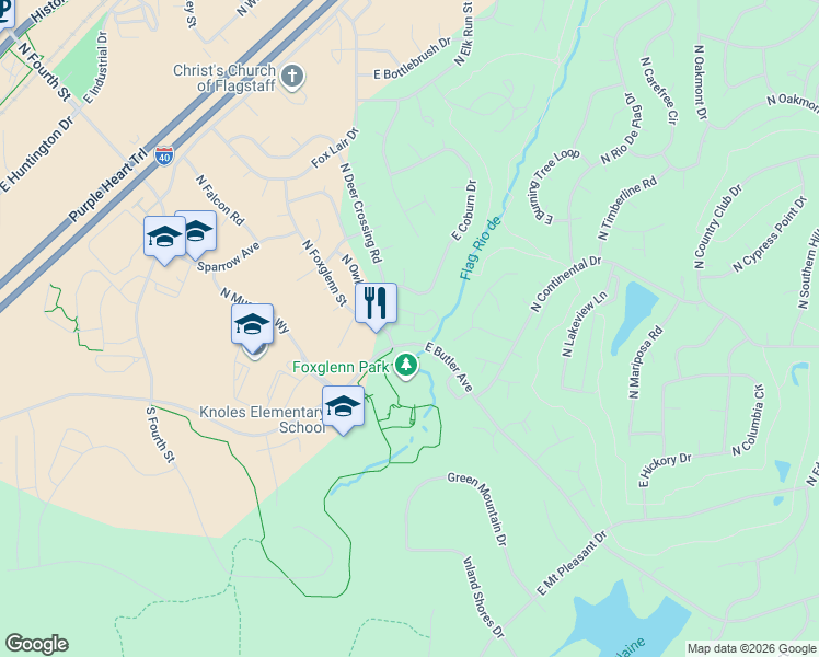 map of restaurants, bars, coffee shops, grocery stores, and more near 4490 East Spring Meadows Circle in Flagstaff