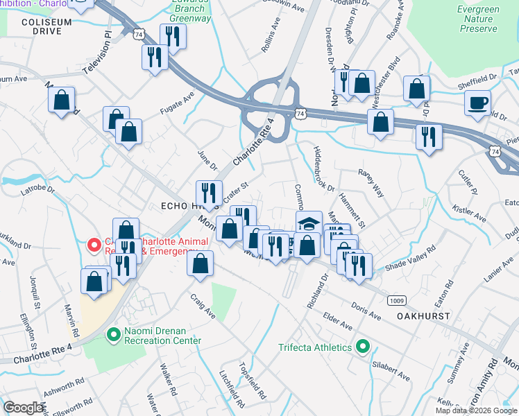 map of restaurants, bars, coffee shops, grocery stores, and more near 712 Char-Meck Lane in Charlotte