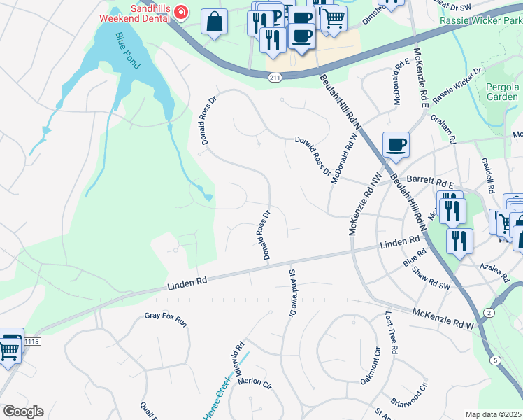 map of restaurants, bars, coffee shops, grocery stores, and more near 2 Parson Road in Pinehurst
