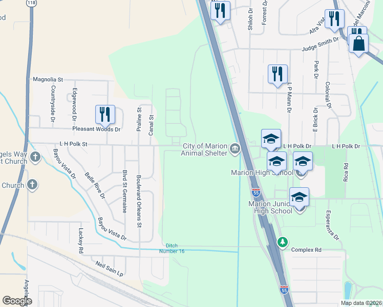 map of restaurants, bars, coffee shops, grocery stores, and more near 501 Par Drive in Marion