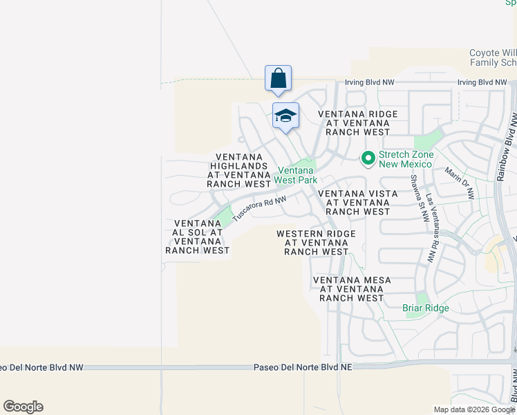 map of restaurants, bars, coffee shops, grocery stores, and more near 8024 Tuscarora Road Northwest in Albuquerque