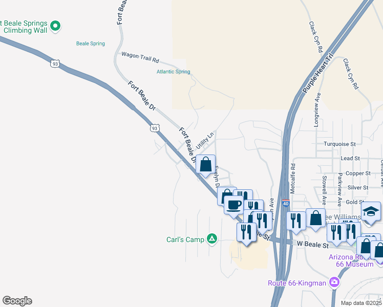 map of restaurants, bars, coffee shops, grocery stores, and more near 1256 Fort Beale Drive in Kingman