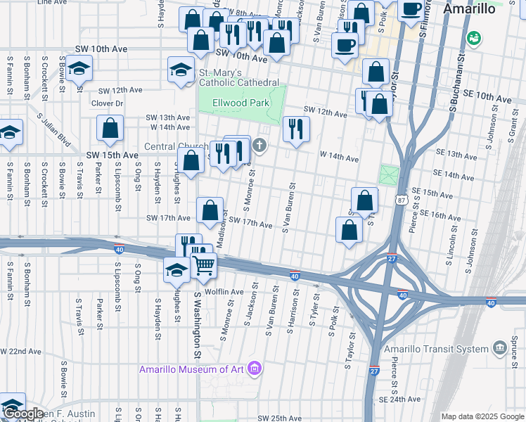 map of restaurants, bars, coffee shops, grocery stores, and more near 1612 South Jackson Street in Amarillo