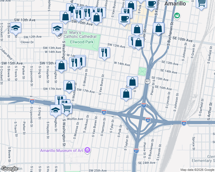 map of restaurants, bars, coffee shops, grocery stores, and more near 1603 South Van Buren Street in Amarillo