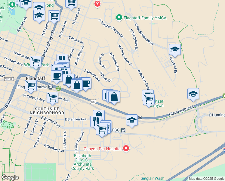 map of restaurants, bars, coffee shops, grocery stores, and more near 700 East Cherry Avenue in Flagstaff