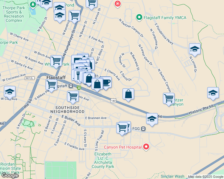 map of restaurants, bars, coffee shops, grocery stores, and more near 118 East Terrace Avenue in Flagstaff