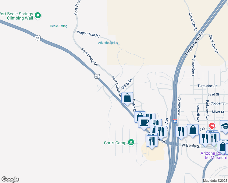 map of restaurants, bars, coffee shops, grocery stores, and more near 1256 Fort Beale Drive in Kingman