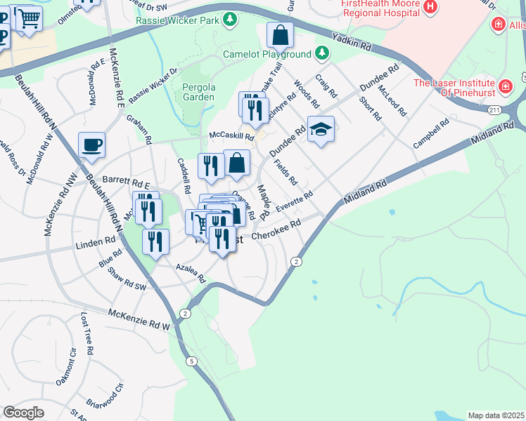 map of restaurants, bars, coffee shops, grocery stores, and more near 35 Maple Road in Pinehurst