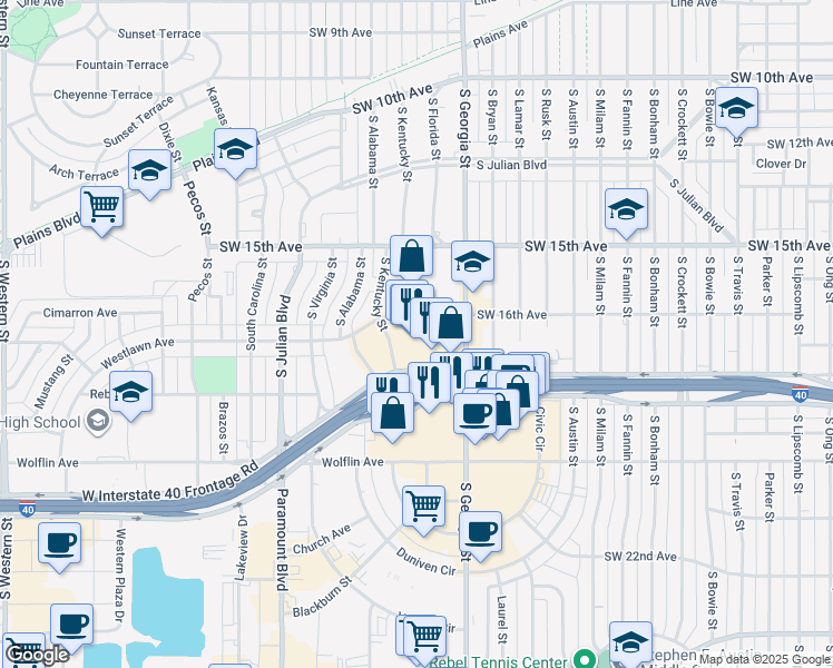 map of restaurants, bars, coffee shops, grocery stores, and more near 1615 South Kentucky Street in Amarillo