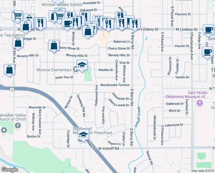 map of restaurants, bars, coffee shops, grocery stores, and more near 1413 Westbrooke Terrace in Norman