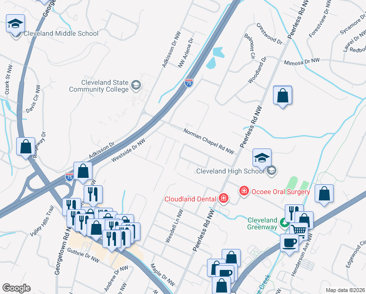 map of restaurants, bars, coffee shops, grocery stores, and more near 3273 Terrace Ave NW in Cleveland