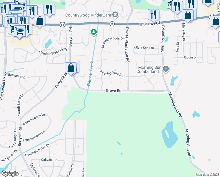 map of restaurants, bars, coffee shops, grocery stores, and more near 2638 Morning Grove Drive in Memphis