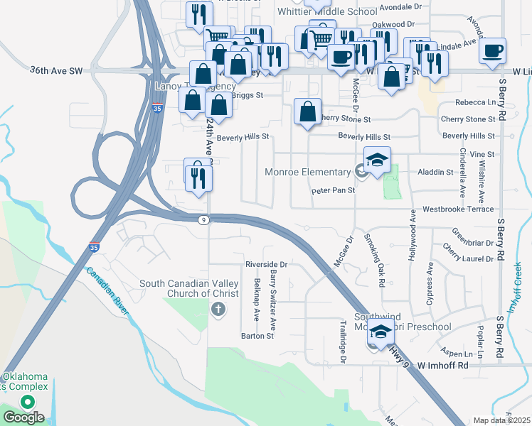 map of restaurants, bars, coffee shops, grocery stores, and more near 2106 Hartford Drive in Norman