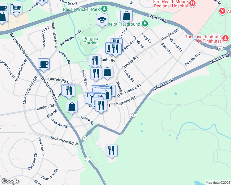 map of restaurants, bars, coffee shops, grocery stores, and more near 20 Orange Road in Pinehurst