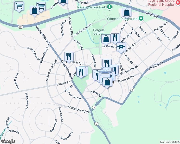 map of restaurants, bars, coffee shops, grocery stores, and more near 168 Barrett Road East in Pinehurst