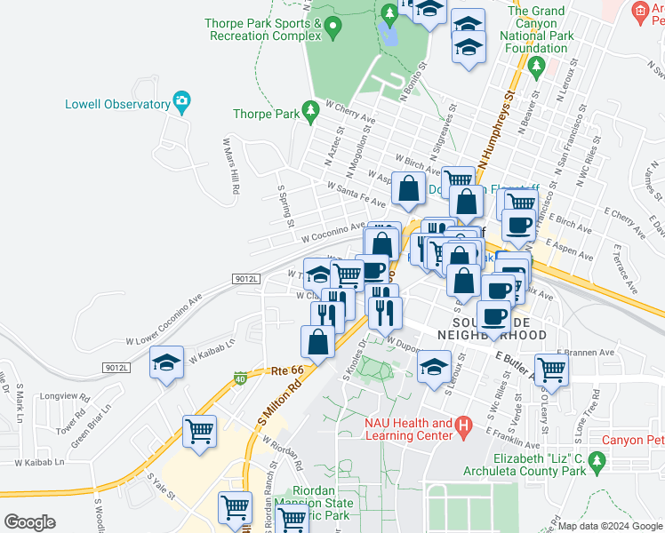 map of restaurants, bars, coffee shops, grocery stores, and more near 513 West Tucson Avenue in Flagstaff