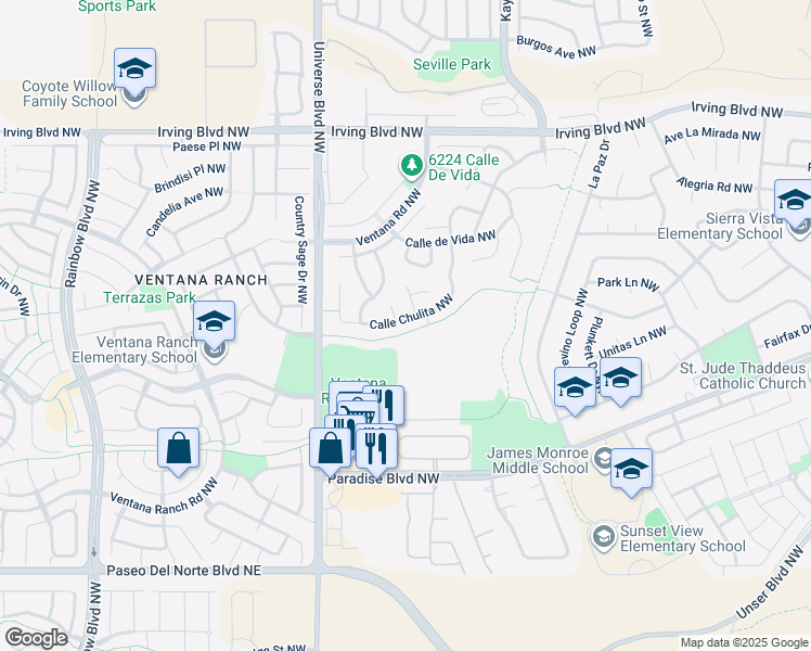 map of restaurants, bars, coffee shops, grocery stores, and more near 10108 Calle Chulita Northwest in Albuquerque