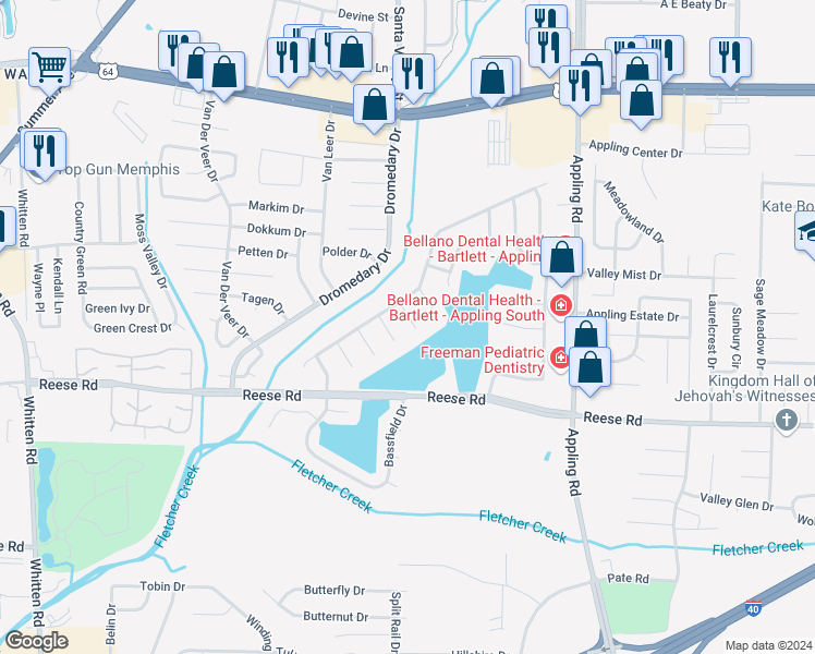 map of restaurants, bars, coffee shops, grocery stores, and more near 2621 Sleepy Bend Cove in Memphis