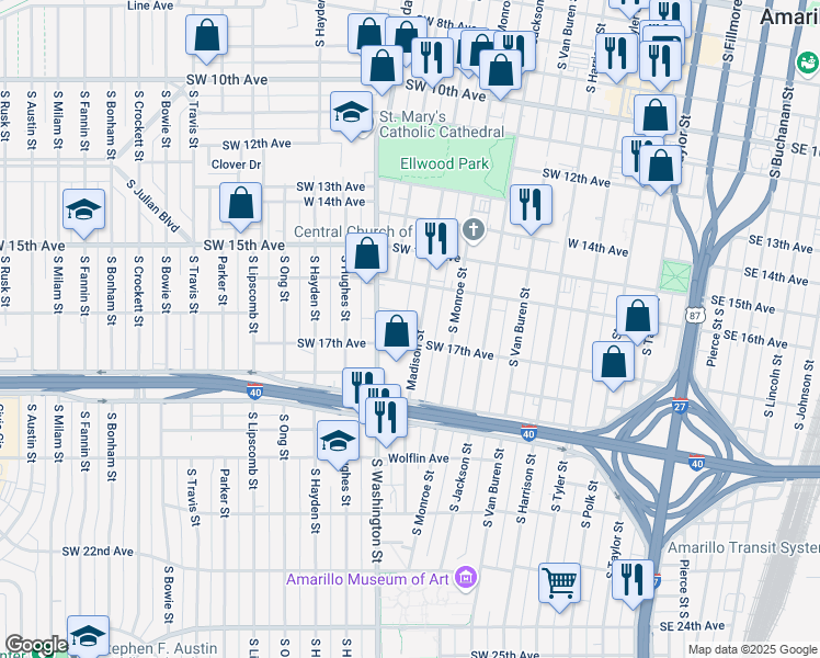 map of restaurants, bars, coffee shops, grocery stores, and more near 1612 Madison Street in Amarillo