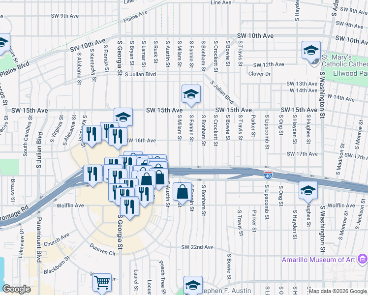 map of restaurants, bars, coffee shops, grocery stores, and more near 2001-2099 West 16th Avenue in Amarillo