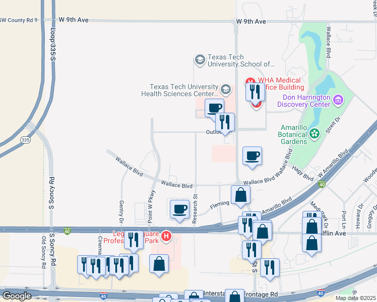 map of restaurants, bars, coffee shops, grocery stores, and more near 1610 Research Street in Amarillo