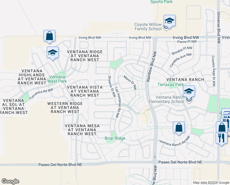 map of restaurants, bars, coffee shops, grocery stores, and more near 10235 Longmont Place Northwest in Albuquerque