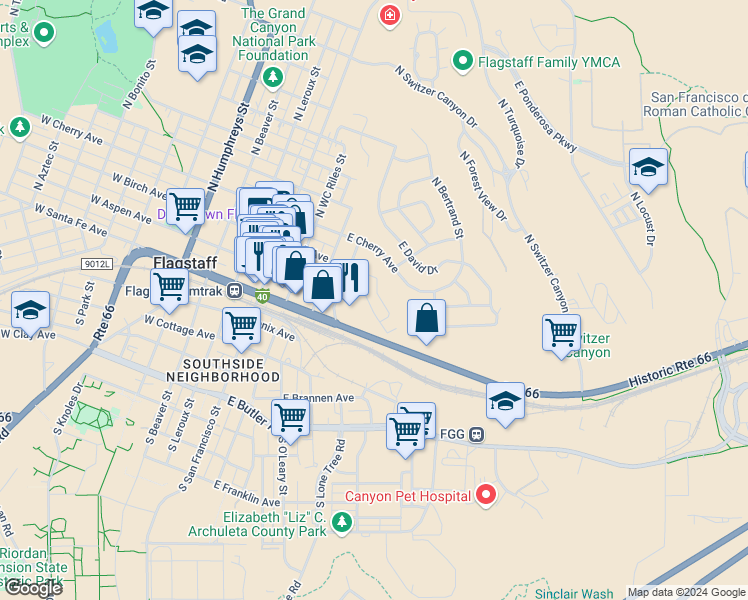 map of restaurants, bars, coffee shops, grocery stores, and more near 118 East Terrace Avenue in Flagstaff