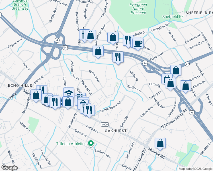 map of restaurants, bars, coffee shops, grocery stores, and more near in Charlotte