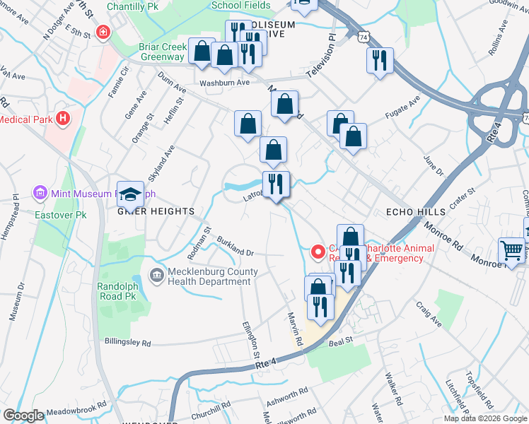 map of restaurants, bars, coffee shops, grocery stores, and more near in Charlotte