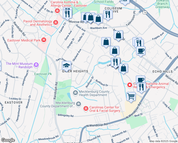 map of restaurants, bars, coffee shops, grocery stores, and more near 3239 Sam Drenan Road in Charlotte