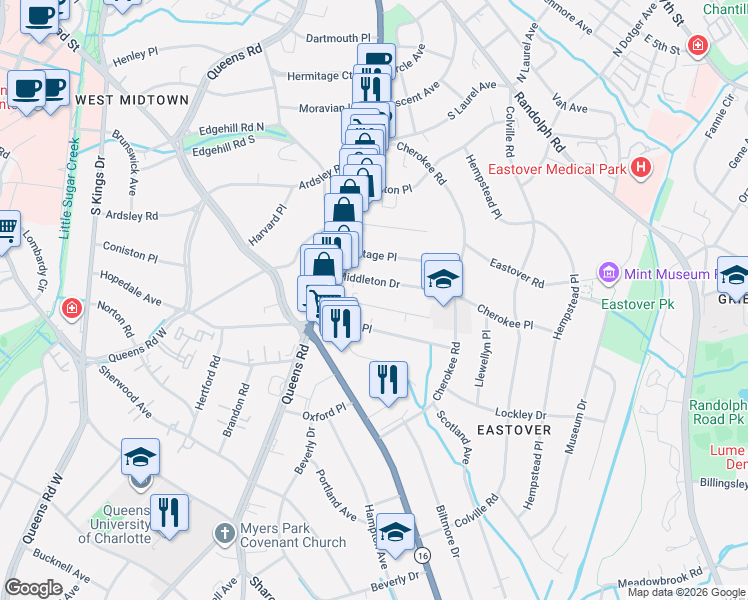 map of restaurants, bars, coffee shops, grocery stores, and more near 142 Middleton Drive in Charlotte